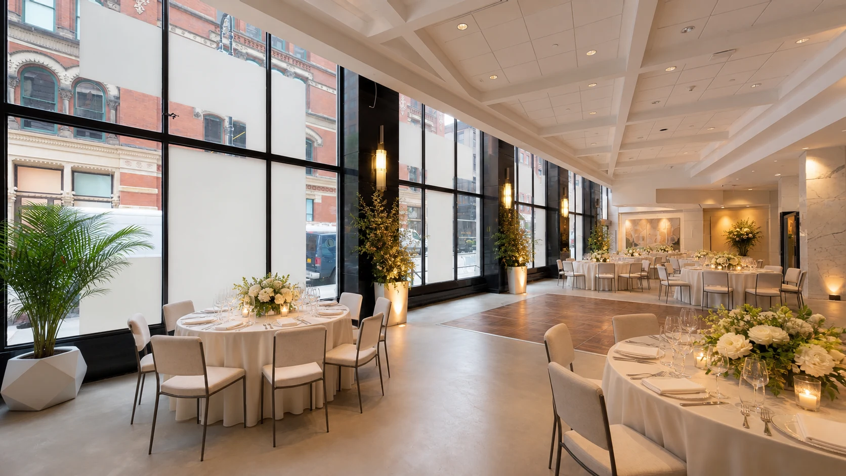 The real 666 Broadway event space shown in an illustrative evening reception configuration
